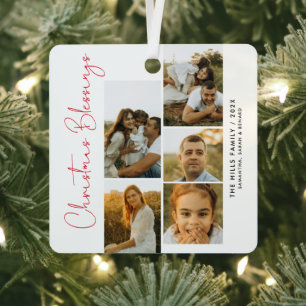 Minimal Christmas Blessings Script Family 5 Photos Metal Tree Decoration
