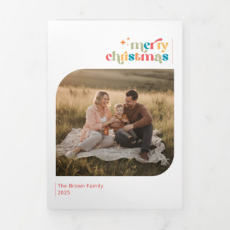 Minimal Christmas Family Photo Collage Greetings Tri-Fold Card