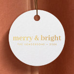 Minimal Christmas Merry and Bright Gold and White Favour Tags<br><div class="desc">Simple,  stylish,  minimalist christmas gift tags with a modern minimalist typographic quote "merry & bright" in gold foil on a clean minimal white background. The name,  year and greeting can be easily customised for a personal touch,  perfect for the festive season! #christmas #merryandbright #minimal</div>