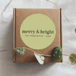 Minimal Christmas | Merry and Bright Olive Green Classic Round Sticker<br><div class="desc">Simple,  stylish,  minimalist christmas stickers with a modern minimalist typographic quote "merry & bright" in black on a olive green background. The name,  year and greeting can be easily customized for a personal touch,  perfect for the festive season! #christmas #merryandbright #stickers</div>