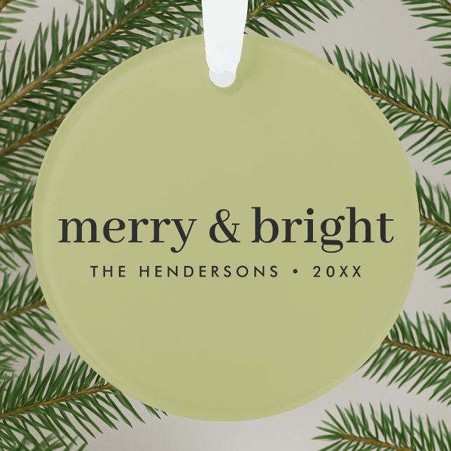 Minimal Christmas | Merry and Bright Olive Green Ornament (Creator Uploaded)