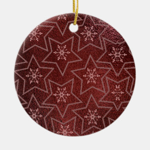 Minimal Christmas Snowflakes and Stars Maroon Ceramic Ornament