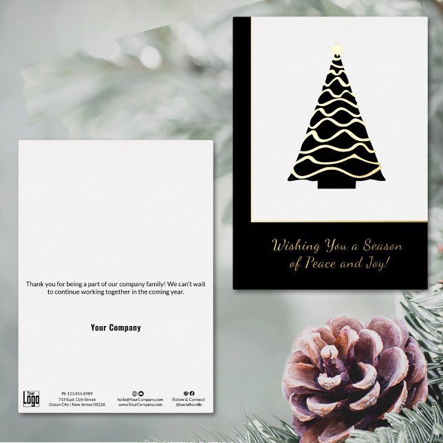 Minimal Christmas Tree Foil Business Holiday Card (Minimal Christmas Tree Foil Business Holiday Card, Black and White, Logo, Contact, Social)