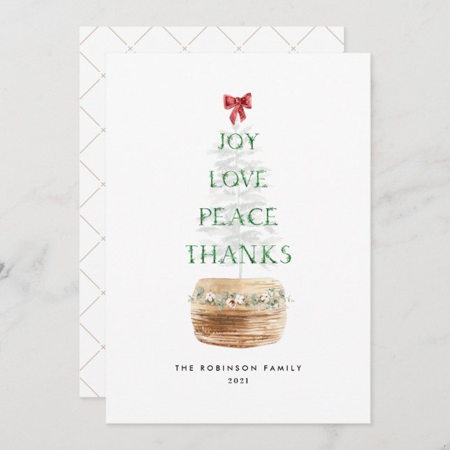 Minimal Christmas Tree Typography Green Red Holiday Card (Front/Back)