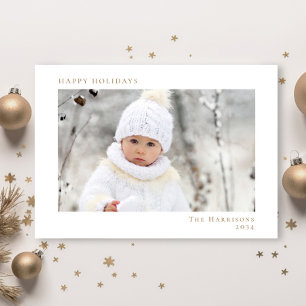Minimal Christmas White Gold Happy Holidays Photo Holiday Card