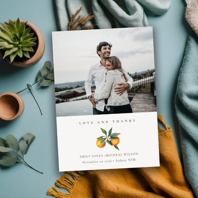 Minimal Citrus Orange Boho Botanical Wedding Photo Thank You Card (Creator Uploaded)