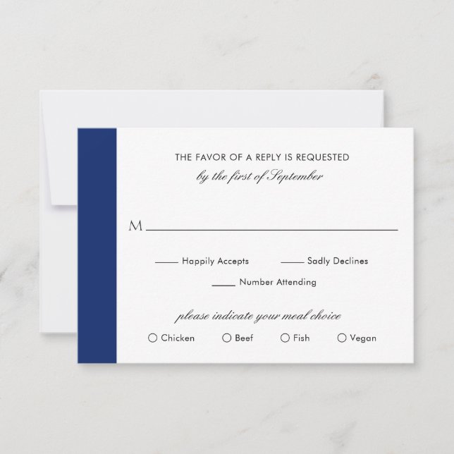 Minimal Classic Formal Navy Blue Elegant Wedding RSVP Card (Front)