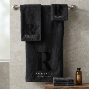 Minimal Classic Modern Black Monogram Bath Towel Set