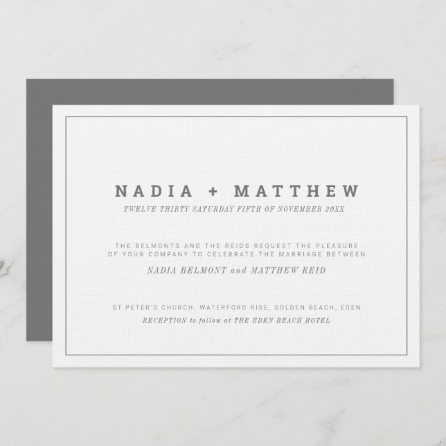 Minimal classic navy blue and white wedding invitation (Front/Back)