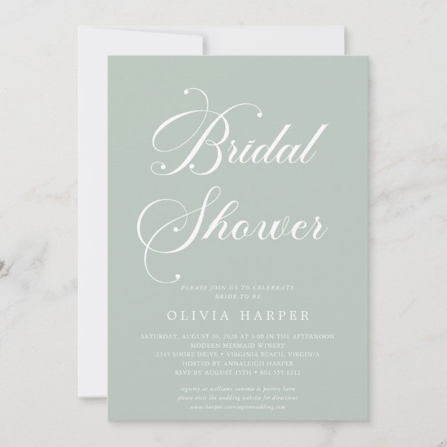 Minimal Classic Sage Green Script Bridal Shower  Invitation (Front)
