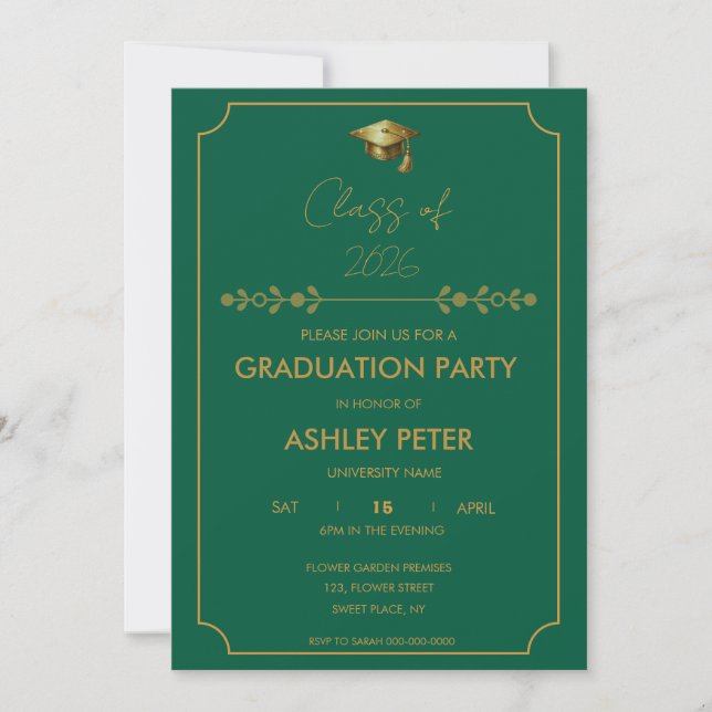 Minimal Classy Green & Gold Grad Party Invitation (Front)