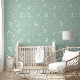 Minimal Clean Green Flowers Leaves Floral Pattern Wallpaper