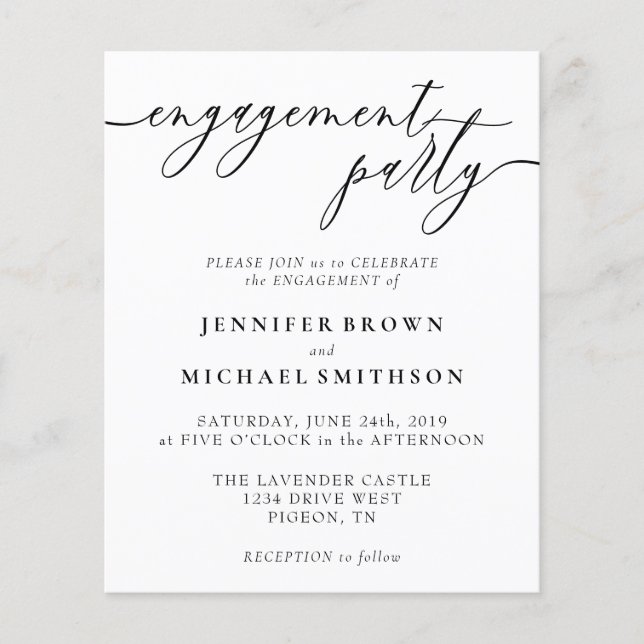 Minimal Clean Modern Engagement Party Budget Flyer (Front)