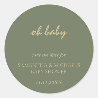 Minimal Clean Sage Gold Script BABY Save Date Classic Round Sticker