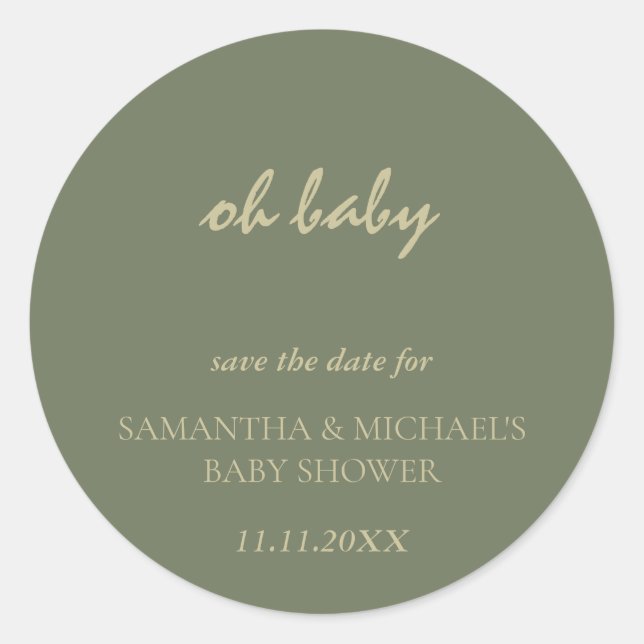 Minimal Clean Sage Gold Script BABY Save Date Classic Round Sticker (Front)
