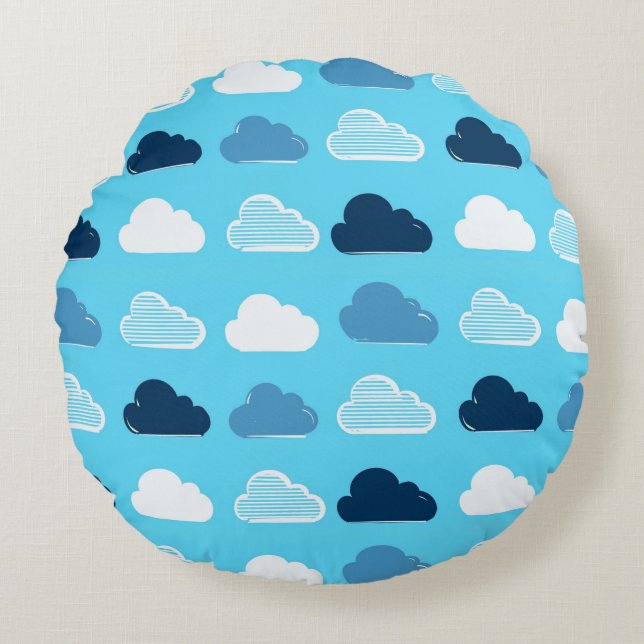 Minimal Clouds Pattern – Blue Sky Vibes Round Cushion (Front)