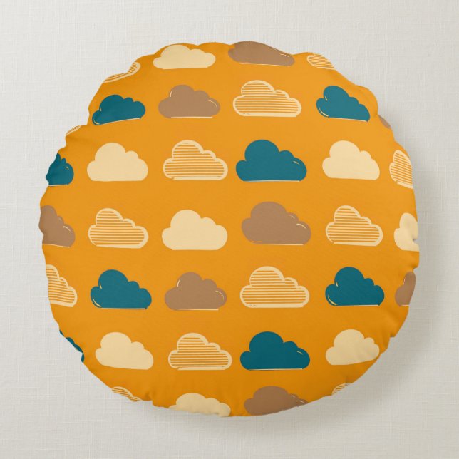 Minimal Clouds Pattern – Orange Sky Vibes Round Cushion (Front)