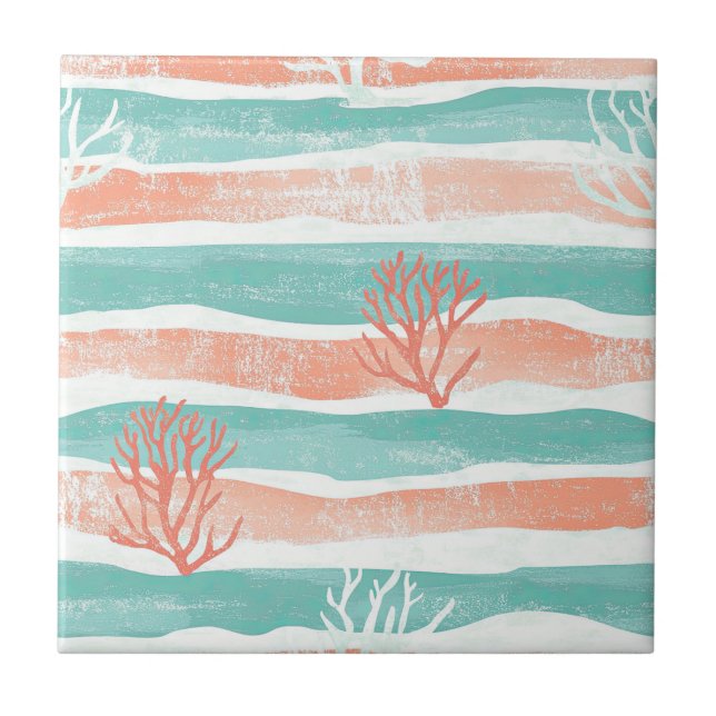 Minimal Coastal Coral Pattern Ceramic Tile (Front)