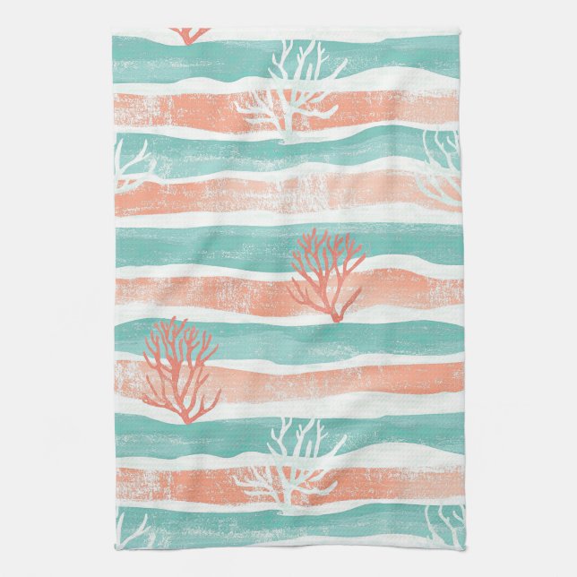 Minimal Coastal Coral Pattern Tea Towel (Vertical)