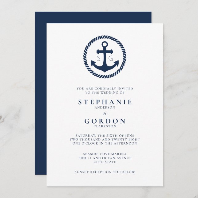 Minimal Coastal Monogram Nautical Wedding Invitation (Front/Back)