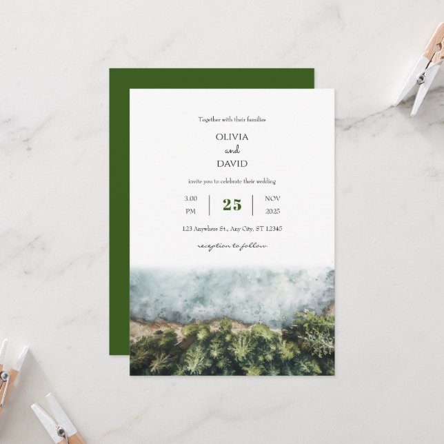 Minimal Coastal Redwood Forest View Beach Wedding  Invitation (Front/Back In Situ)