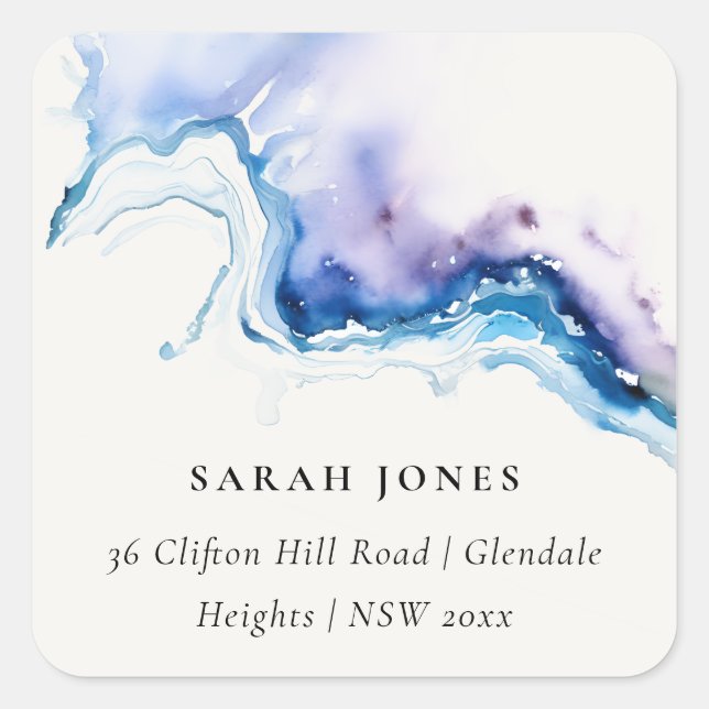 Minimal Coastal Sea Beach Watercolor Address Square Sticker (Front)