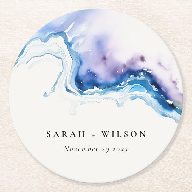 Minimal Coastal Sea Beach Watercolor Wedding Round Paper Coaster (Front)