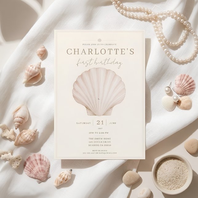 Minimal Coastal Seashell First Birthday  Invitation (Creator Uploaded)