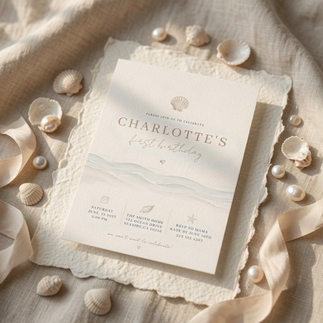 Minimal Coastal Seashell First Birthday  Invitation (Creator Uploaded)