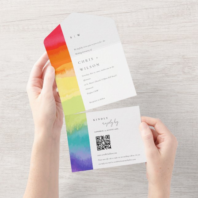 Minimal Colourful Pride Rainbow Wedding QR CODE All In One Invitation (Tearaway)