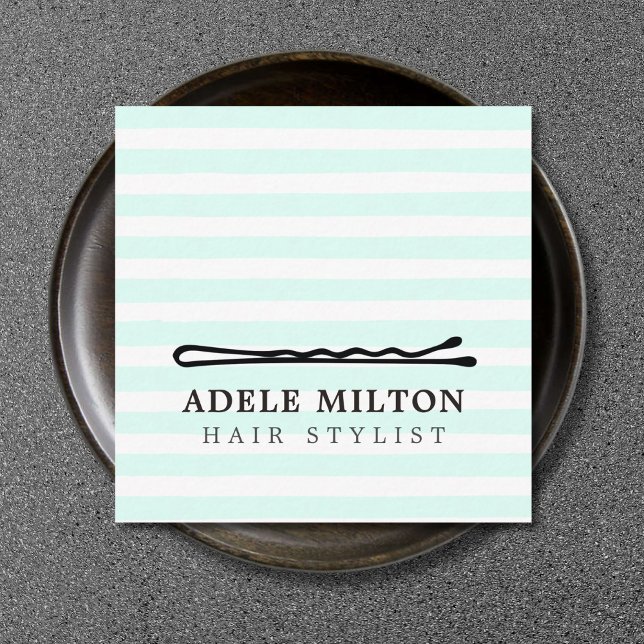 Minimal Cool Blue White Stripes Bobby Pin Hair Square Business Card (Creator Uploaded)