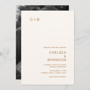 Minimal Copper Monogram Photo Modern Wedding Invitation