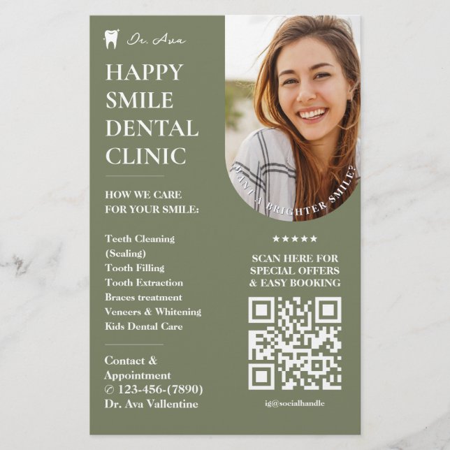 Minimal Cosmetic Dentist Dental Sage Green Flyer (Front)