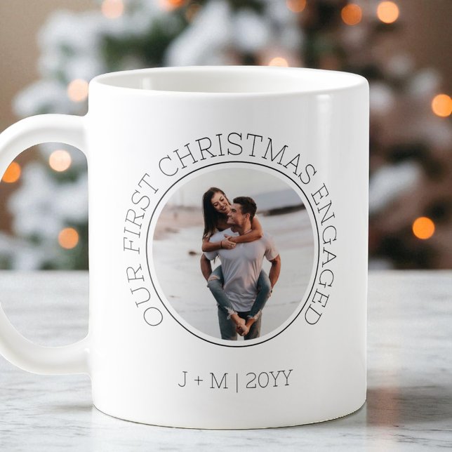 Minimal Couple 2 Photo Our First Christmas Engaged Coffee Mug (Minimal Couple 2 Photo Our First Christmas Engaged Coffee Mug)