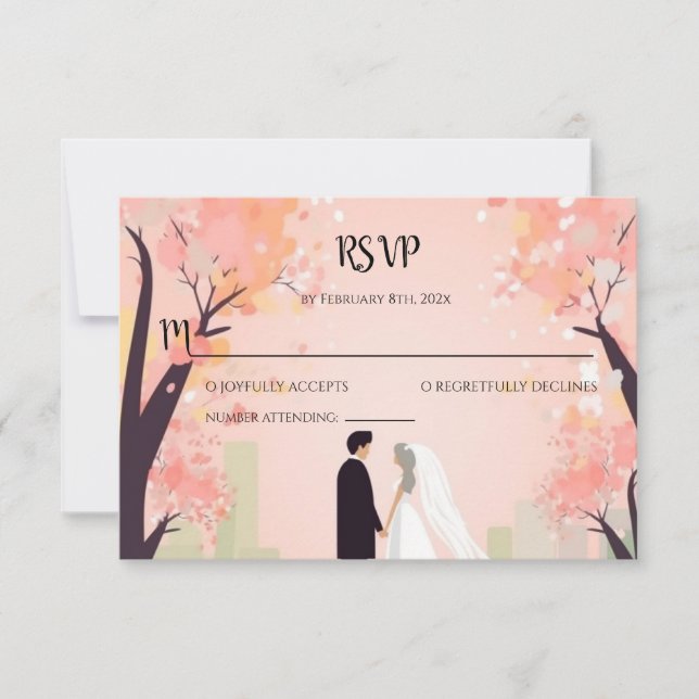 Minimal Couple Cartoon with Flowers RSVP Card (Front)