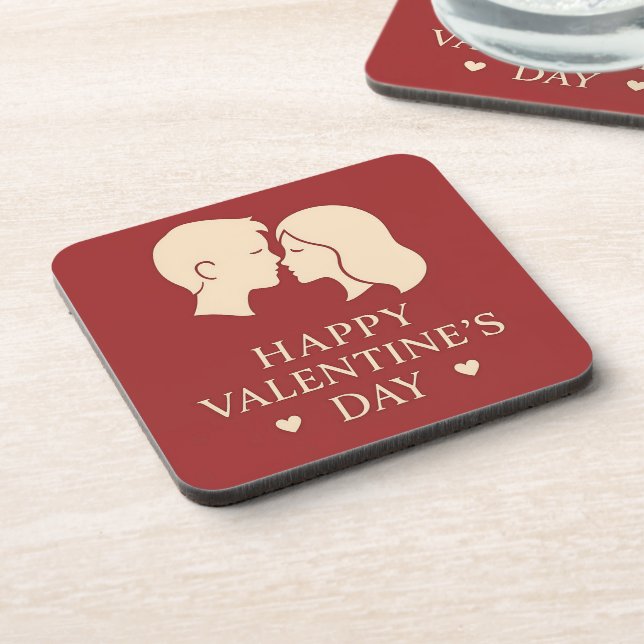 Minimal Couple Silhouette Romantic Valentine Heart Coaster (Left Side)