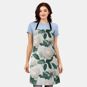Minimal Cream Peony White Floral Pattern Apron