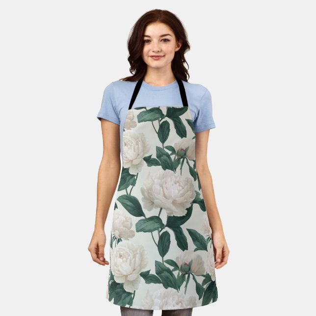 Minimal Cream Peony White Floral Pattern Apron (Worn)