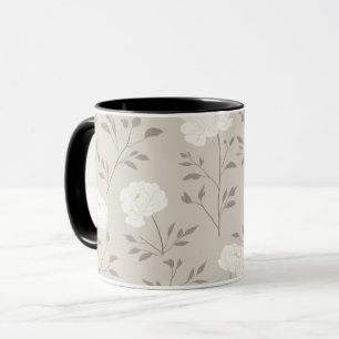 Minimal Cream Peony White Floral Pattern Mug