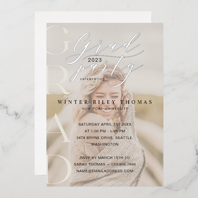 Minimal Cream Photo Grad Party Modern Calligraphy (Front/Back)