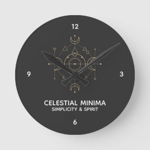 Minimal Crescent Moon & Sun Line Art - Boho Style Round Clock