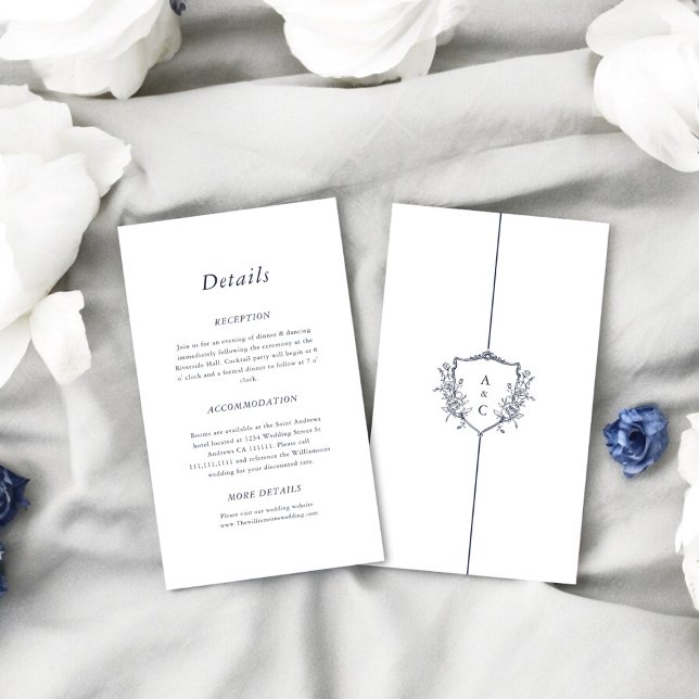  Minimal crested simple wedding Details Enclosure  Card (white with navy text stylish causual wedding stationary , tie the knot in style )