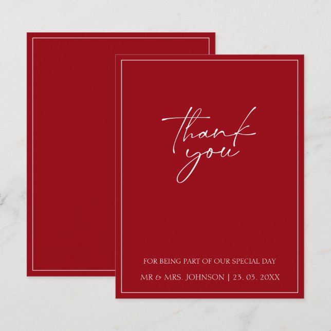 Minimal Crimson Red Script Wedding Thank You Card (Front/Back)