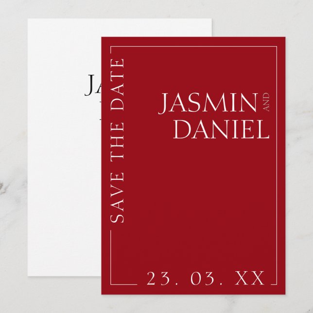 Minimal Crimson Red Typography Wedding Save the Date (Front/Back)