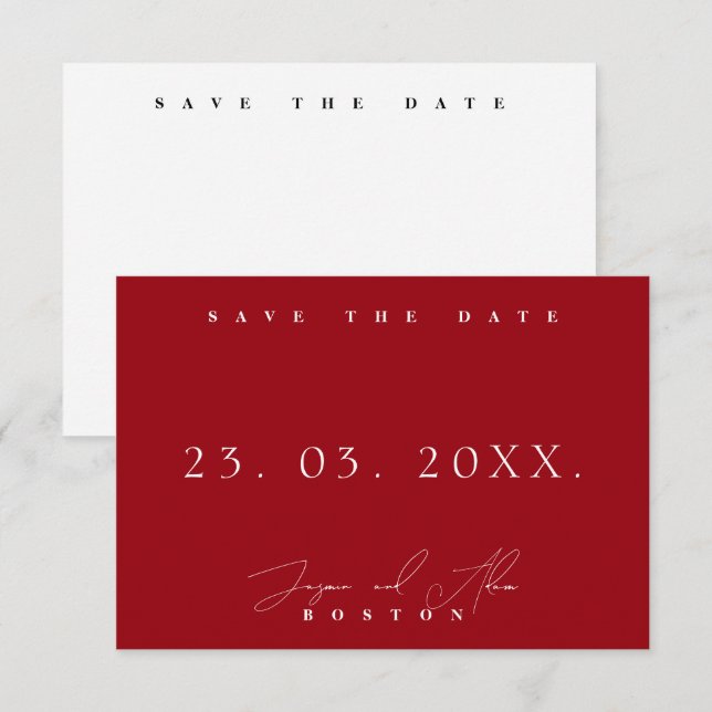Minimal Crimson Red White Wedding Save the Date (Front/Back)