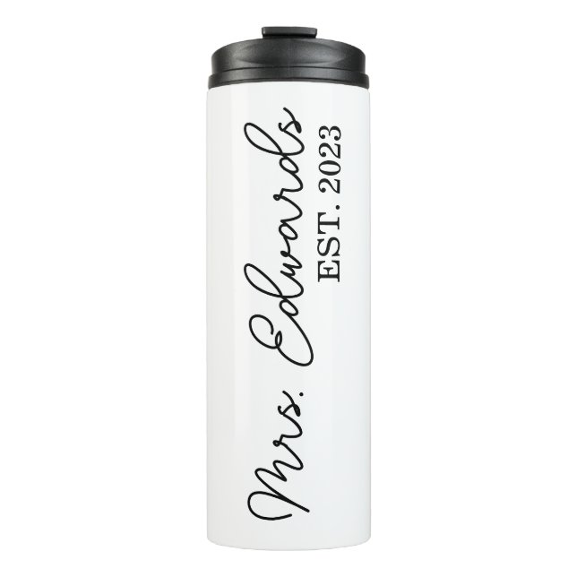 Minimal Cursive Mrs. Custom Last Name Wedding Gift Thermal Tumbler (Front)