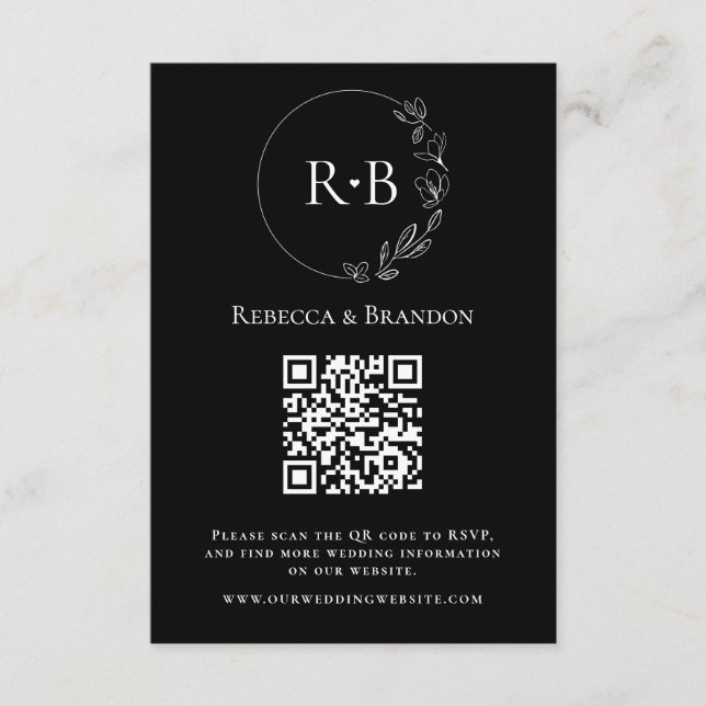 Minimal Custom Monogram Black white QR Code RSVP Enclosure Card (Front)