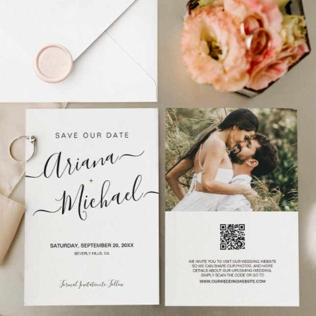 Minimal Custom Script Names photo Wedding website Save The Date (Simple, chic, minimal wedding save the date photo card.)