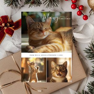 Minimal Cute Cat Meowy Christmas 3 Photo Collage  Holiday Card