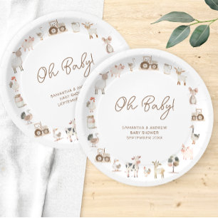 Minimal Cute Farm Animals Barnyard Baby Shower Paper Plate